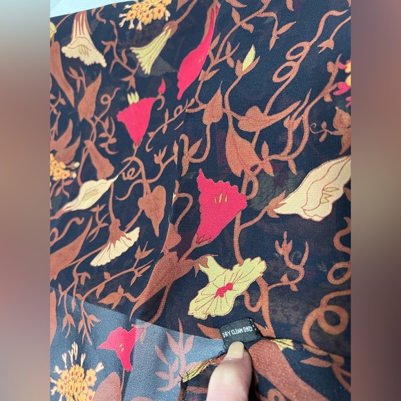 100% Silk Scarf Rectangle Sheer Made in Korea Black Brown Red Yellow Floral - Picture 2 of 12